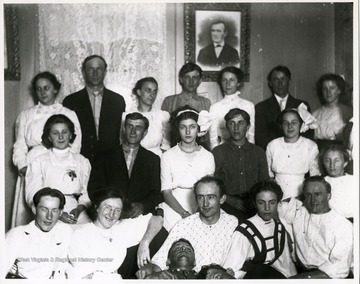 Group portrait of family and friends at Aegerter home in Helvetia, West Virginia.