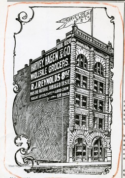 Engraving of the Harvey, Hagen and Company Wholesale Grocers in Huntington, West Virginia.