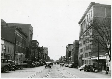 Looking down the street in Huntington. Shanks Oil Co. is on the right.