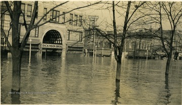 '8th St. taken from the Court House lawn.'  Water nearly to the top of the Dickinson Brothers Furniture store entrance.