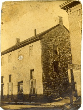 'The Old Stone Courthouse of 1800-1837.  Supplanted by the present brick Courthouse erected in 1837, but burned with other buildings of Lewisburg in 18?? as the D. J. Ford &amp; Son's store.'