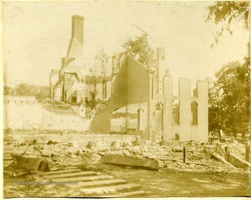 Debris and partially standing buildings after the fire in Lewisburg on Aug. 3rd, 1897.