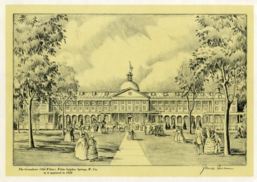 An ink etching of the Greenbrier (Old White Sulphur Springs) in Lewisburg, West Virginia as it appeared in 1858. Men and women are shown mingling in the front lawn of the Greenbrier while a horse drawn carriage driver is dropping off several people.