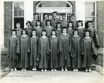 'Front row - left to right: Bessie Weller, Violet Mae Creamer, Louise Smith, Betty Horner, Jean Cavalier, Mary Paxton Jones, Helen Moller, Lola Mae Van Meter. Second row - left to right: John Hendricks, Mary Alice Fraley, Jane Bartles, Annis Mason, Mary J. Frances, Osbourn, June Richardson, Ruth Blackford, William B. Snyder, Jr. Last Row - left to right: Harry L. Snyder III, George Mason, Robert Knott, Paul McCarty, John Van Tol.'