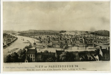 Sketch 'View of Parkersburg, Virginia from the south side of the Kanawha River, looking up the Ohio.' Parkersburg, Virginia later became Parkersburg, West Virginia. 
