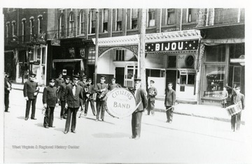 Citizen's Band performed in front of Bijou Theater. The Bijou Theater and Star Theater later combined to form Strand Theater, 400 block of Market Street in Parkersburg, West Virginia.