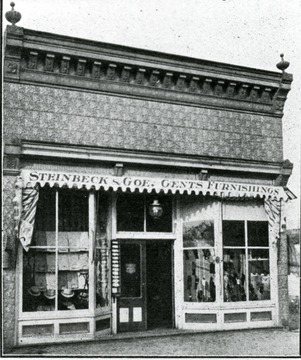 'For latest styles in men's shoes, hats, caps and furnishings go to Steinbeck and Goe, Second Street, near bridge, Weston, W. Va.  Ladies', Misses' and children's shoes and hosiery a specialty.  Sole agents for the Dolly Madison shoe for women and the Crossett shoe for men.  'The better the grade the bigger the trade.''