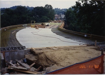 Beginning phases of bridge construction. Raw bridge can be seen with little concrete. 