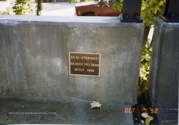 A plaque can be seen on the newly completed South Park bridge. The plaque contains the bridge number and the year it was built. 