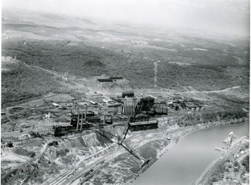 Aerial view of Morgantown Ordnance Works located in Morgantown, W. Va. River seen near plant. 