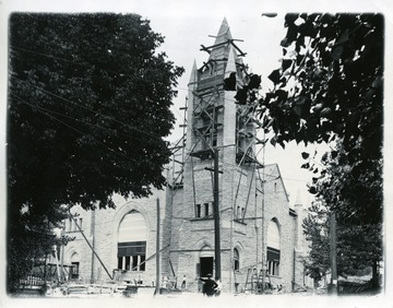 Construction of the Wesley Methodist Church on Willey Street in Morgantown, West Virginia. 