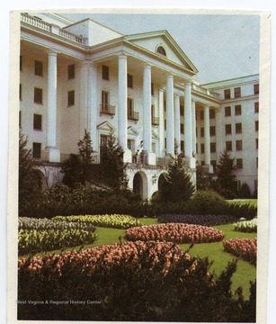 'North portico of the Greenbrier Hotel, world famed spa and summer White House for many U.S. presidents, at White Sulphur Springs, West Virginia.'