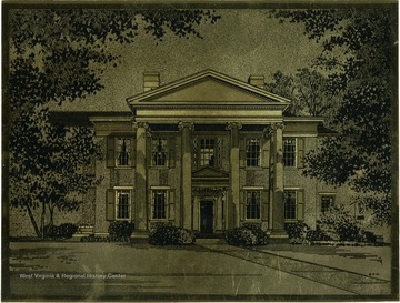 'Built in 1835, the Oglebay Park Mansion House is typical of the Greek Revival in architecture.  The eigth owner of this magnificent home was Earl W. Oglebay, who left his estate, Waddington Farm, to the people of the city of Wheeling for park and recreational use.  Waddington Farm was re-named Oglebay Park in 1928 and placed under the management of the Wheeling Park Commission.  Originally the hub of an old plantation, the Mansion House is an interesting chronicle of early Americana.  Through its period rooms and special collections, it dramatizes life in the Ohio Valley from the frontier period to the Victorian era.  The glass collection has outstanding exhibits of some of the finest glass produced in the Midwest during the Nineteenth Century.  Over five hundred items of glass, primarily of Wheeling area origin, are on display.  The mansion House was comnpletely renovated in 1962 and a three store fireproof wing was added in 1966 through the generosity of Courtney Burton of Cleveland, Ohio, grandson of Earl W. Oglebay.  The addition, known as the Burton Galleries, has one level devoted to the history of the Oglebay Family.'