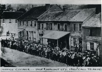 Volunteers assemble for Union service at the corner of High and Walnut Street, opposite of the Court House in Morgantown, West Virginia.