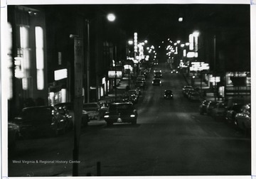High Street North looking South at night in Morgantown, West Virginia; John Foster: 02/17/69.