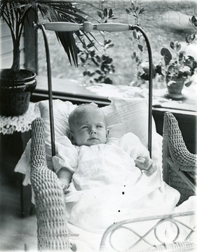 A baby sits in the bassinet on the porch of a home. Plants seen behind the baby. 