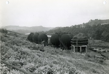 'United States Engineer Office. Corps of Engineers United States Army. Pittsburgh, Pennsylvania. Morgantown Ordnance Works-Morgantown, West Virginia: Ammonia Storage Spheres-looking Northeast. E. I. Du Pont de Nemours and Company- Contract W Ord-490- Contract date 11-28-40. Military Funds. August 17, 1943. No. 21145.'
