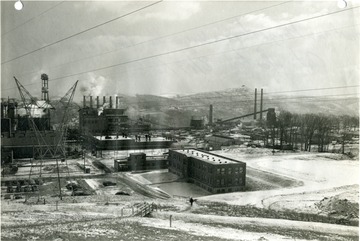 'United States Engineer Office. Corps of Engineers United States Army. Pittsburgh, Pennsylvania. Morgantown Ordnance Works-Morgantown, West Virginia: General View of Administrative Maintenance Buildings and Boiler House Number 201-looking Southeast. E. I. Du Pont de Nemours and Company- Contract W Ord-490- Contract date 11-28-40. Military Funds. February 12, 1942. No. 18808.'