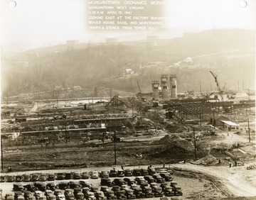 'Morgantown Ordnance Works, Morgantown, West Virginia, 11:30 A.M. April 15, 1941. Looking East at the Factory Building, Boiler House Silos, and Maintenance Shops and Stores From Tower Number 1. Photograph No. 122.'