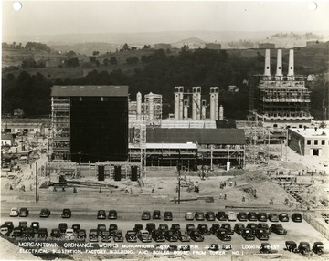 'Morgantown Ordnance Works, Morgantown, West Virginia, 4:00 P.M. July 01, 1941. Looking East at Electrical Substation, Factory Building, and Boiler House From Tower Number 1. Photograph No. 140.'