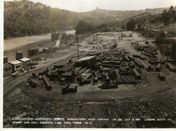 '1:00 P.M. July 15, 1941.  Looking south at wharf and coal unloading area from Tower No. 3. Photograph No. 144.'