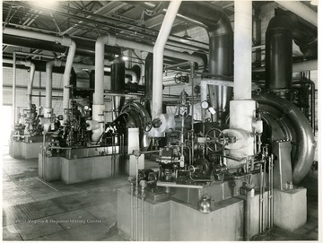View of Coke Oven Gas Exhausters, Turbine End, Pump and Exhauster House, Building No. 111, Looking South. From Volume One of Morgantown Ordnance Plant Pictures at Morgantown, W. Va.  Constructed and Operated by the Ammonia Department, E. I. Dupont De Nemours and Company.