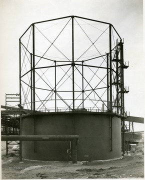 Building 115, 150,000 cu. ft. Coke Oven Gas Holder, Looking North.  From Volume One of Morgantown Ordnance Plant Pictures at Morgantown, W. Va.  Constructed and Operated by the Ammonia Department, E. I. Dupont De Nemours and Company.