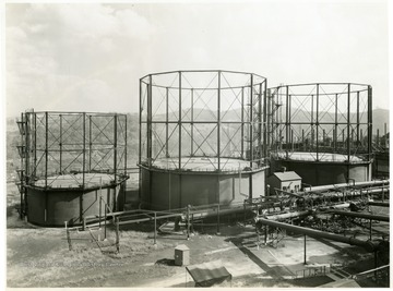 'Blow Run and Blue Gas Holders, Buildings 121, 123, 124. From Volume One of Morgantown Ordnance Plant Pictures at Morgantown, W. Va. Constructed and Operated by the Ammonia Department, E. I. Dupont De Nemours and Company.