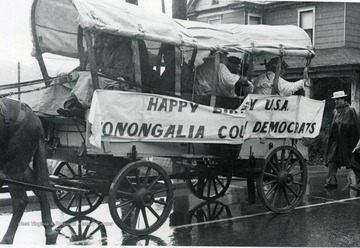 Covered wagon of the Monongalia County Democrats in the Bicentennial Parade. 