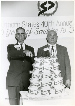 Two men in front of a large cake.