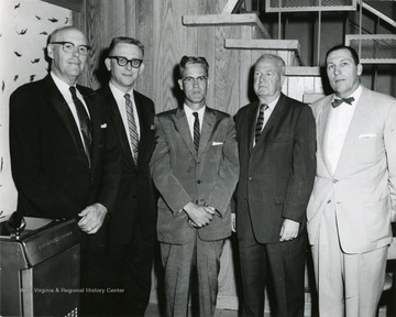 'Right to left: Okey Hedrick, Cliff Hough, Judge D. J. Eddy, Kenneth Kincaid, unknown.' 