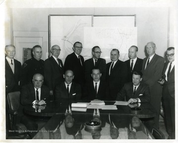 Seated, left to right: Dyke Raese, Robert Nestor, Berkeley Lilley, Harry Heflin.  Standing, at far left, Howard Smyth; second from left, John Lewis; fourth from left, Dean Chester Arents; far right Bill Leyhe.