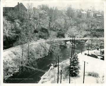 A snow scene of Deckers Creek in Morgantown, West Virginia in 1958.