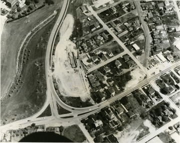An aerial view of Evensdale area of Morgantown. Showing University Avenue, Medical Center Drive, Oakland Street, Harding Avenue, and Birch Street. Monongalia General Hospital is on the upper left and Evansdale grade school is lower center.