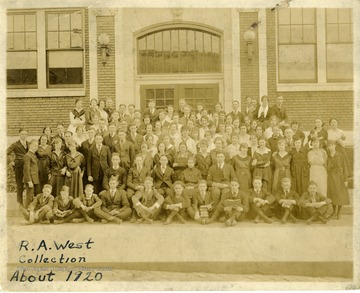 Students pose for a group portrait in front of Morgantown High School in Morgantown, West Virginia. 