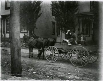 Two men and a woman seated on a horse and buggy on Willey Street.