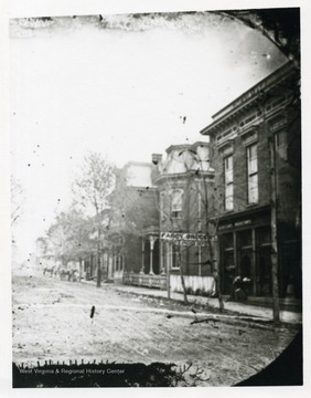 A pre-1891 picture postcard of a street, possibly Pleasant Street, in Morgantown, West Virginia.