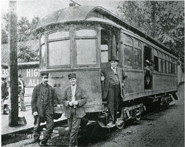 Morgantown and Dunkard Valley Streetcar at the corner of Pleasant Street and University Avenue, ready to run to Cassville, men unidentified.  Copied from Page 20 Morgantown Post Chroncile, Industrial Supplement, January 16, 1913.
