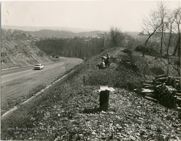 A view of Monongahela Boulevard. Three men appear to be chopping wood to the right.