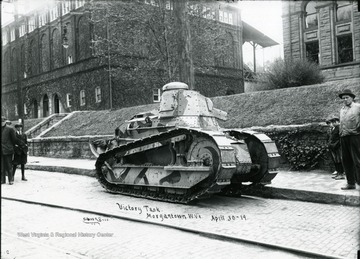 The Victory Tank is parked in front of buildings in Morgantown, West Virginia.