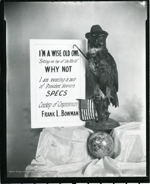 Political Display by Congressman Frank L. Bowman featuring an owl and campaign sign reading 'I'm a wise old owl 'sittin on top of the world' Why Not 'I am wearing a pair of President Hoovers SPECS' Courtesy of Congressman Frank L. Bowman' Morgantown, W. Va.