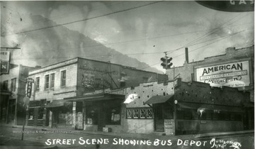 Street scene showing bus depot in Montgomery, West Virginia.