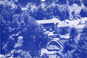 Aerial view of the Administration Building and parking area at Babcock State Park in Fayette County, W. Va.