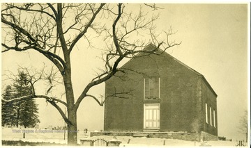 'Episcopal Church and burial ground at Bunker Hill, Berkeley County, West Virginia. This church was built before the Revolutionary War and was the first church to be built in the State of West Virginia. It has been restored twice. The burial grounds adjacent to the church contain the remains of Morgan Morgan, the first settler, who was buried there in 1778.' 'To my good friend Thor Ray Pille with my compliments, Edgar B. Stewart.'