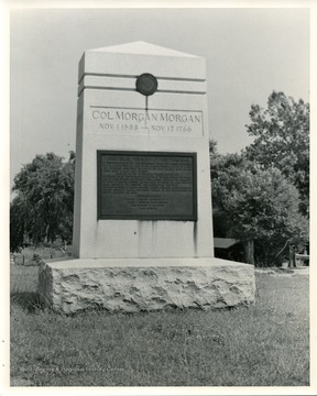 View of the Morgan Morgan Monument in Bunker Hill, Berkeley County, West Virginia. Colonel Morgan Morgan was born on November 1, 1688 and died on November 17, 1766.