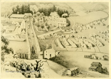 Drawing of Gauley Mount, home of Colonel Tompkins, and military encampments on the farmlands nearby.