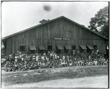 Camp Greenbrier boys gather in front of the Mess Hall for a group portrait.