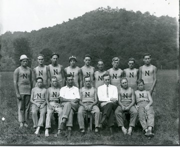 Group portrait of Camp Greenbrier boys and counselors in Greenbrier County, near Alderson. The 'N' probably means Norfolk, home of some of the campers.