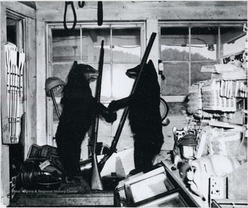 Two stuffed bears holding rifles in Whites County Store, Neola, Greenbrier County.  Photo from 1968 Christmas Calendar, Scenes taken from the Greenbrier Valley in 1968, Printed by the Fairlea Print Shop Inc.<br /><br />