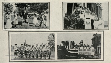 Scenes of the girls getting ready for the Liberty Parade. In the upper left corner, 'A Shot at the Kaiser'. In the upper right corner is a group portrait of the choir.